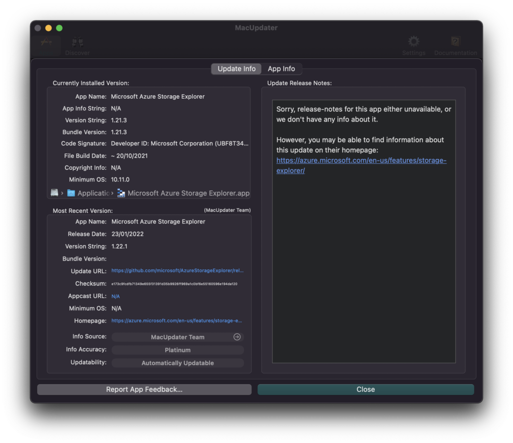 Screenshot MacUpdater 2: meer informatie over update en app.