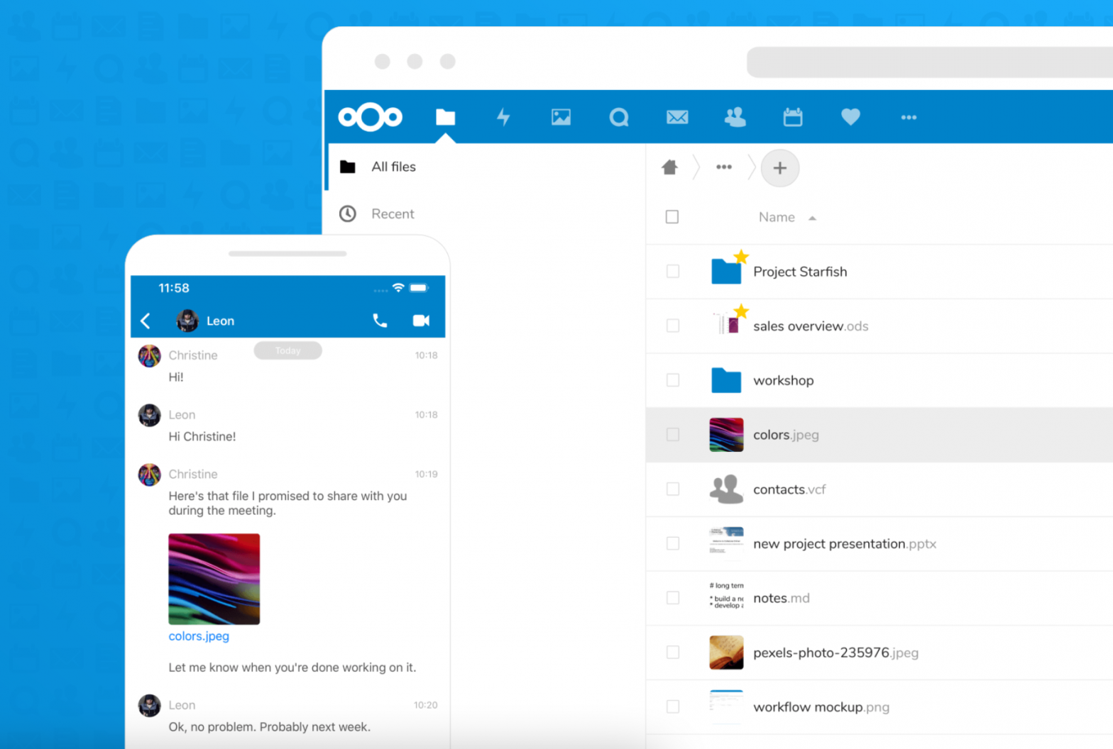 Screenshot van Nextcloud in browser en smartphone