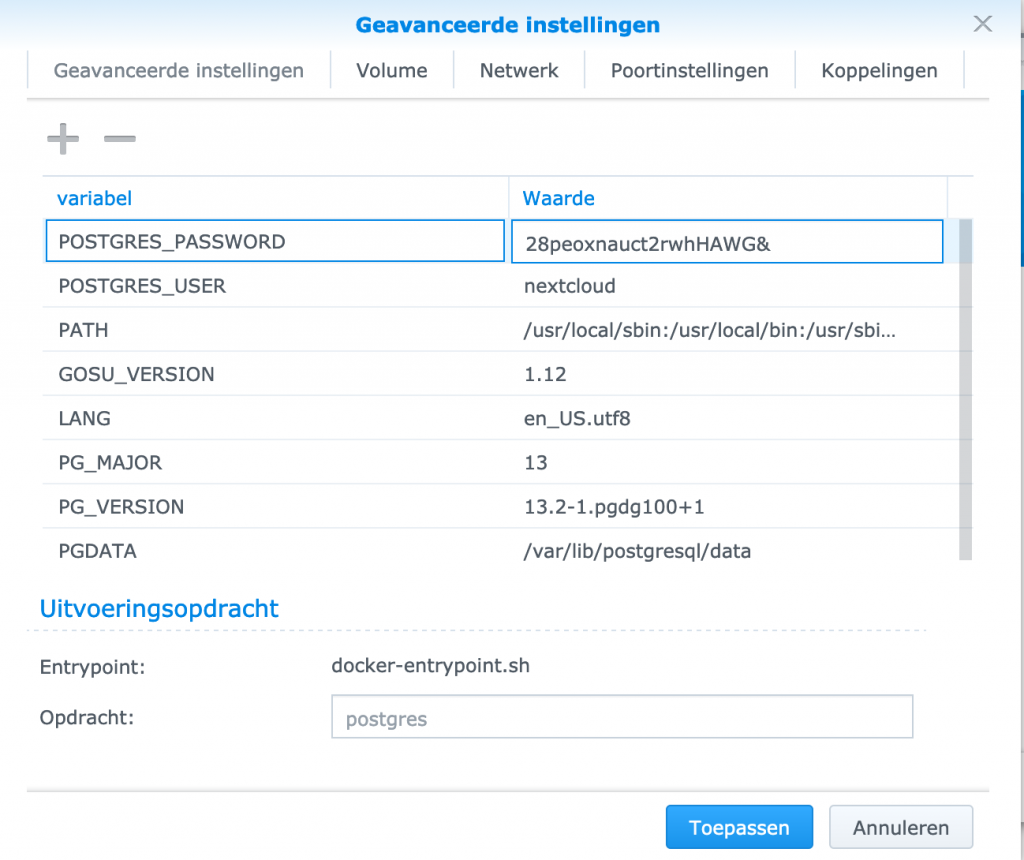 De omgevingsvariabelen van de Postgres-container