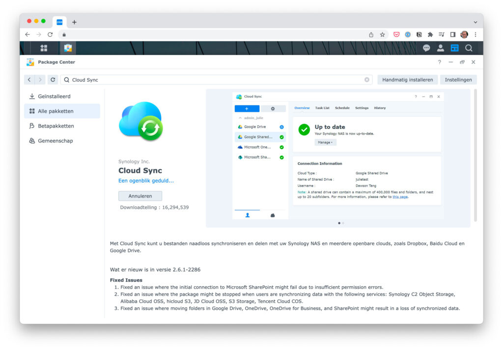 Screenshot van Package Center in DSM met CloudSync