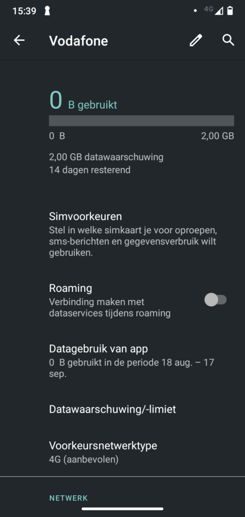 Screenshot instellingen mobiel netwerk van Android