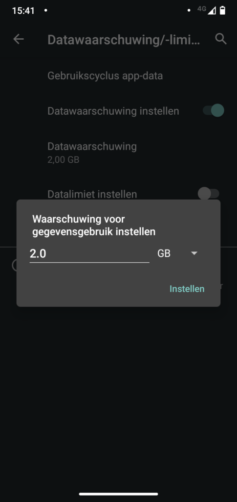 Screenshot datawaarschuwing instellen