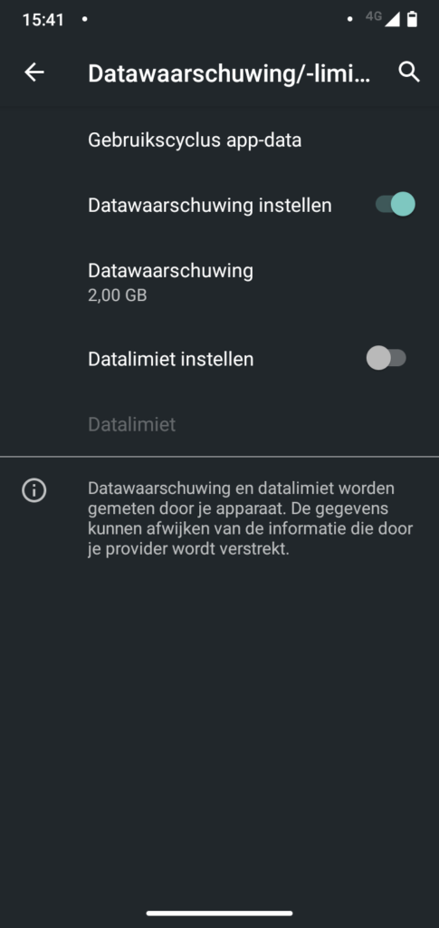 Screenshot datawaarschuwing ingesteld