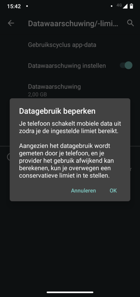 Screenshot melding datalimiet instellen