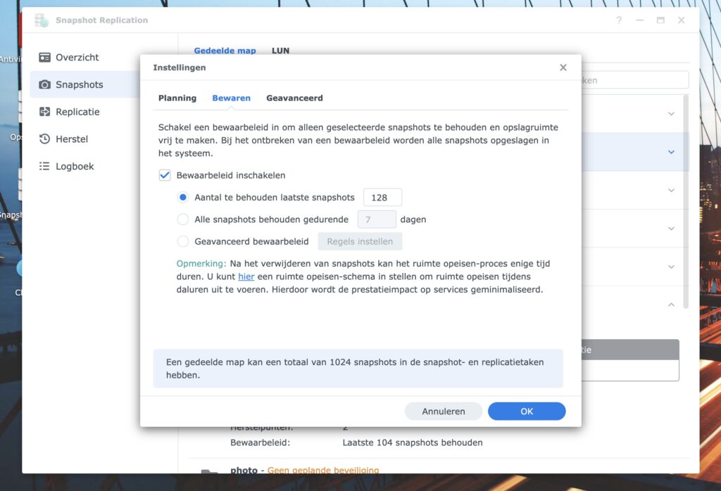 Screenshot Snapshot Replication: bewaarbeleid instellen.