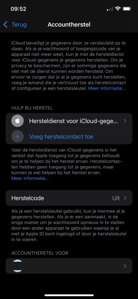 Screenshot Accountherstel-pagina iOS