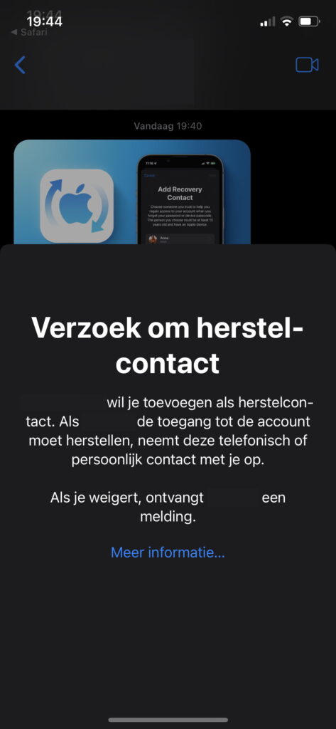 Screenshot ontvanger herstelcontact op iMessage