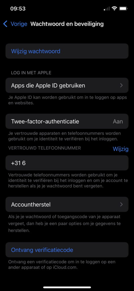 Pagina Wachtwoord en beveiliging van iOS