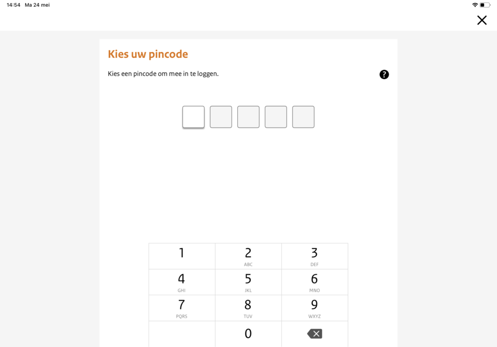 Screenshot pincode aanmaken in app