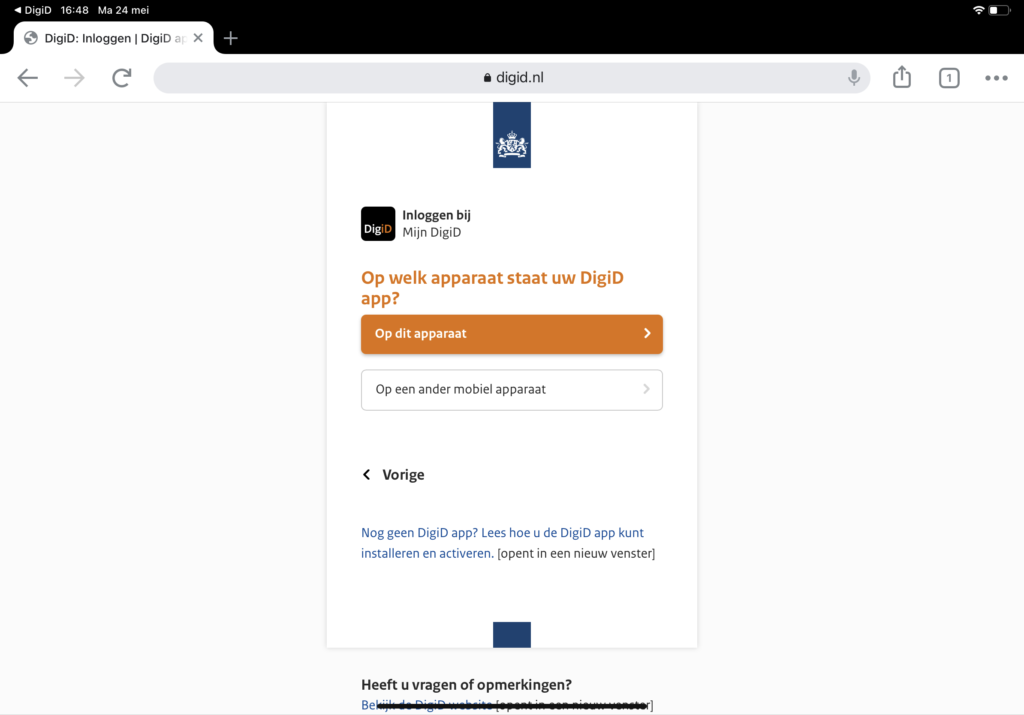 Screenshot DigiD inloggen met app op dit apparaat