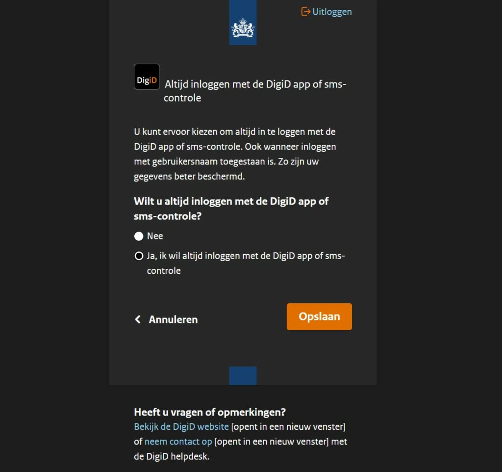 Screenshot sms-verifiactie aanzetten DigiD.