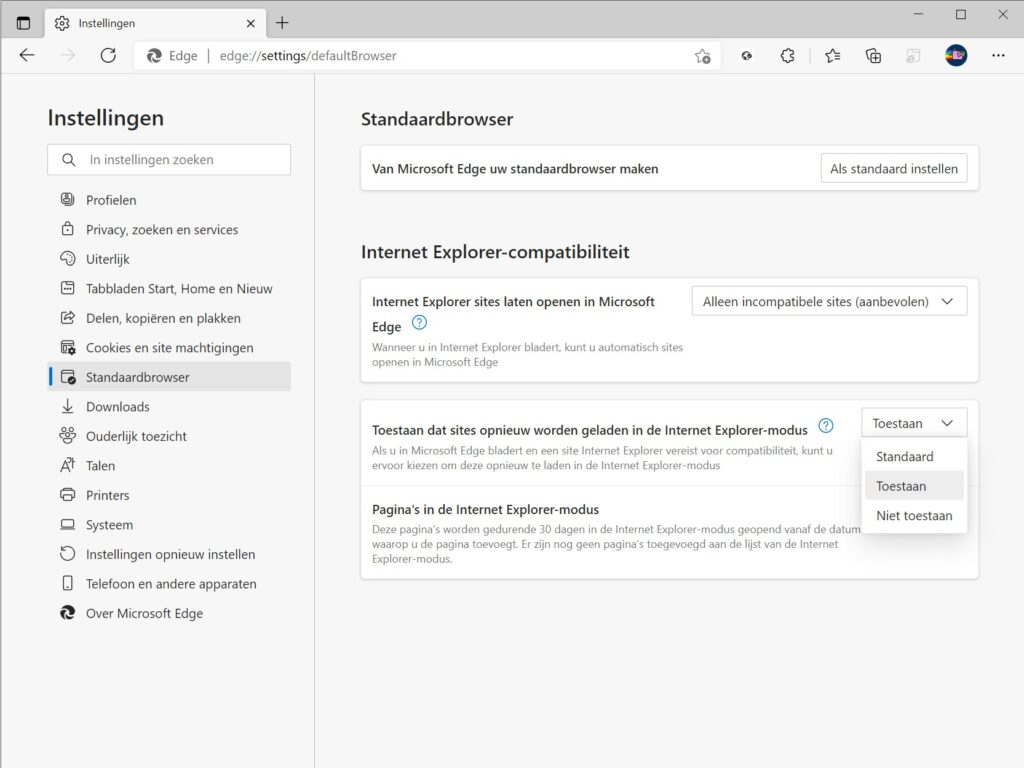 Screenshot van Edge - Instellingen standaardbrowser