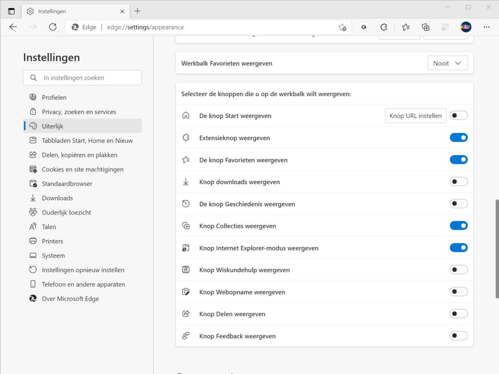 Screenshot Instellingen Uiterlijk van Edge