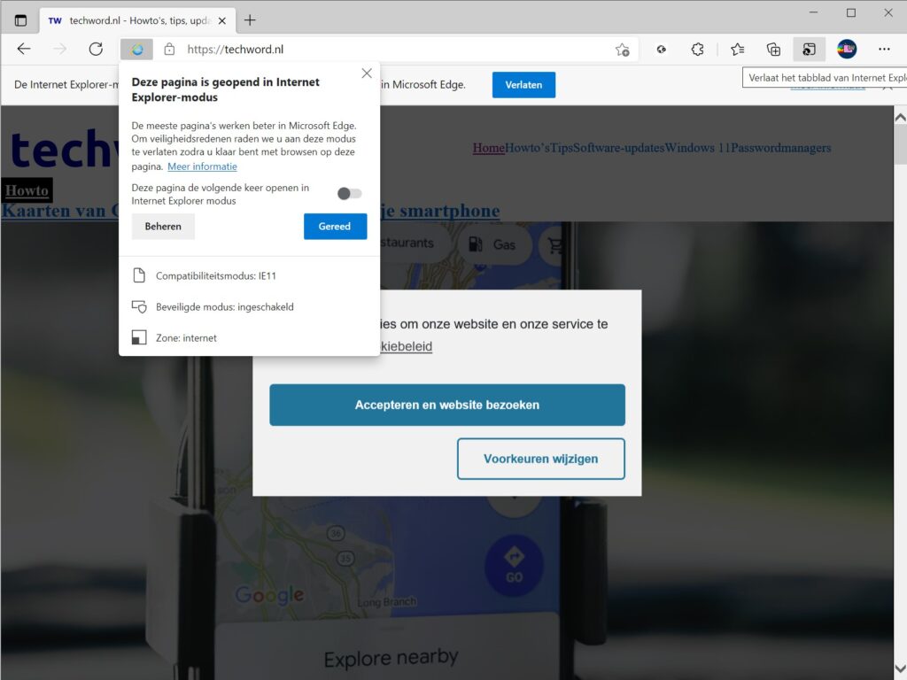 Screenshot website in IE mode Edge