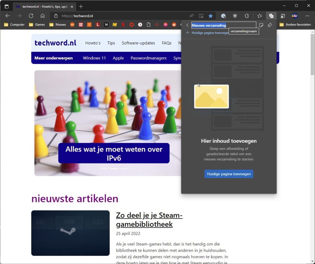 Screenshot Microsoft Edge: nieuwe verzameling maken