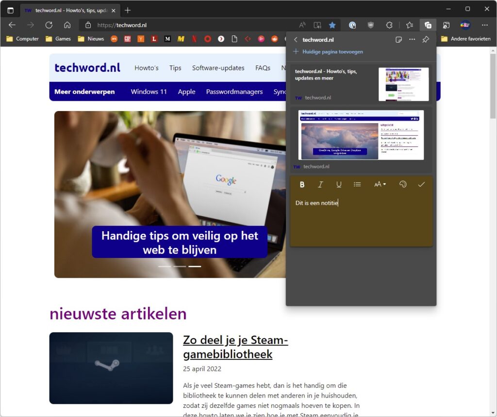 Screenshot Microsoft Edge: een verzameling met een afbeelding, website en notitie