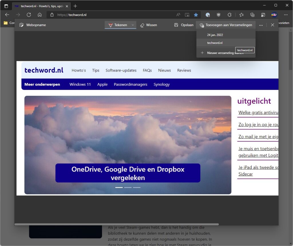 Screenshot Microsoft Edge: zo voeg je een webopname toe aan een verzameling