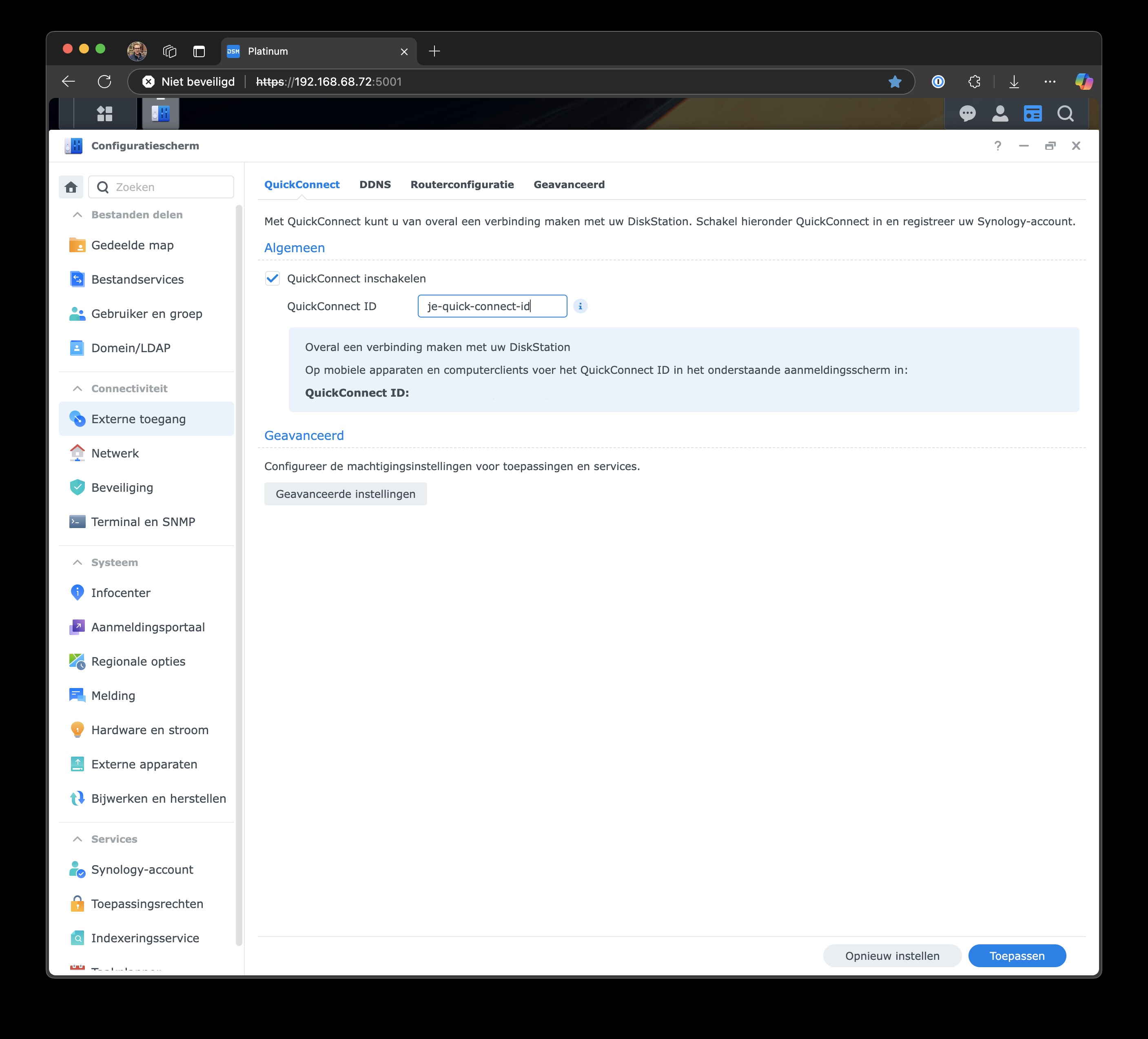 Screenshot van QuickConnect-instellingen in Synology-nas