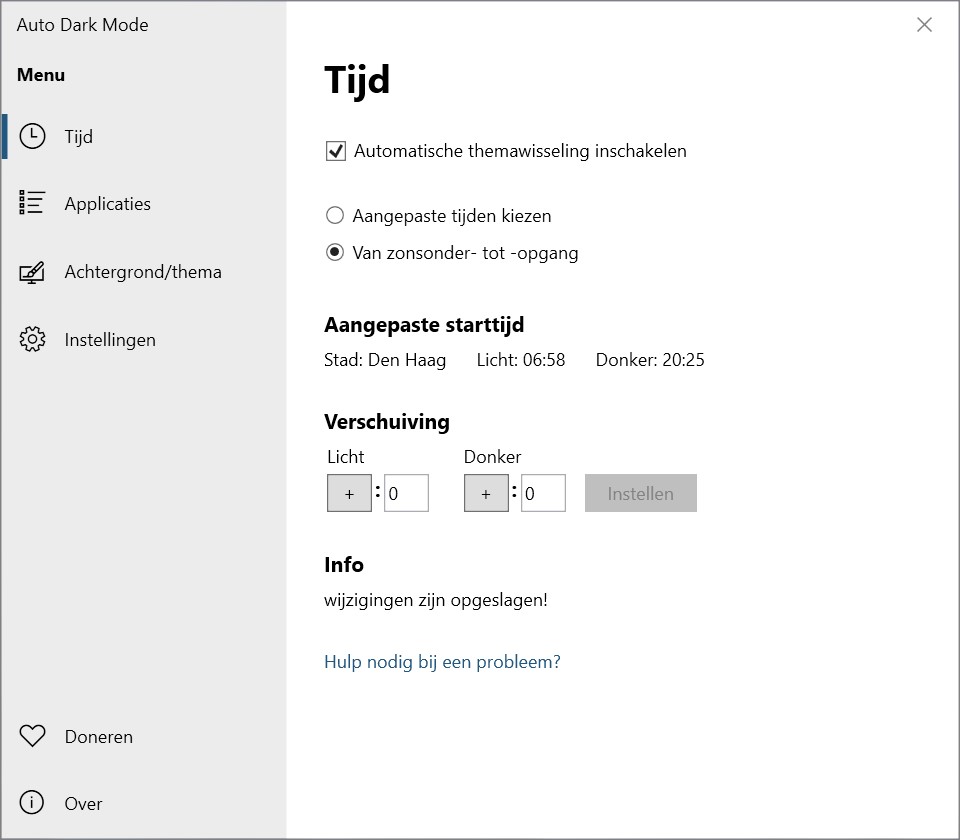 Screenshot Auto Dark Mode zonsopkomst/zonsondergang