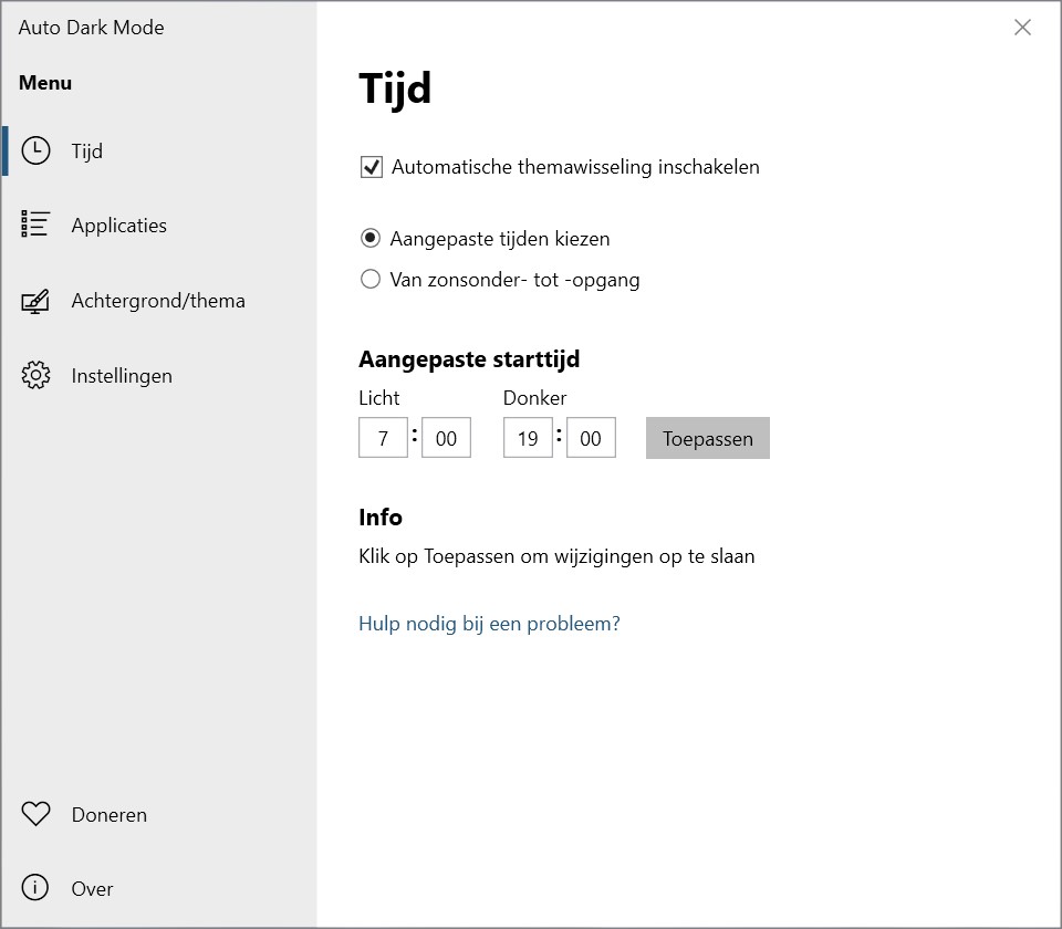 Screenshot Auto Dark Mode tijd instellen