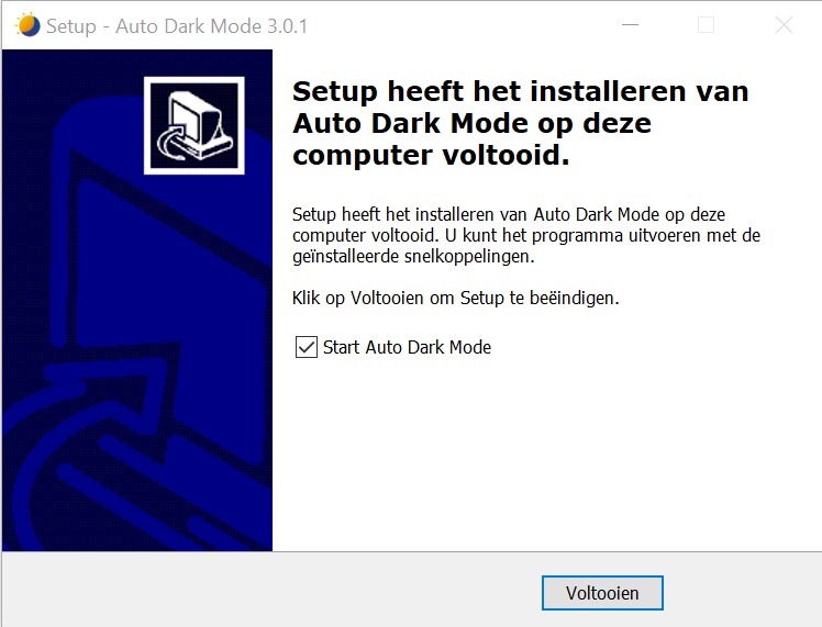 Screenshot van voltooide installatie van Auto Dark Mode