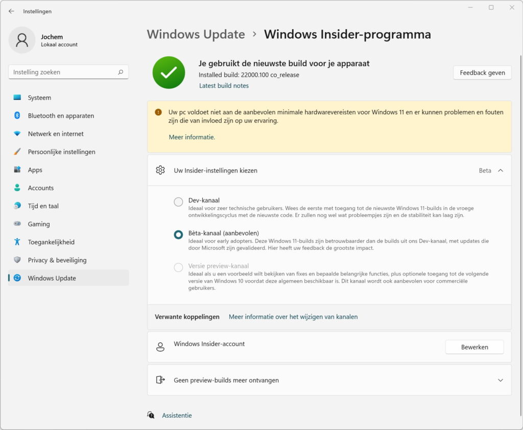 Screenshot app Instellingen wisselen Windows Insider-kanaal