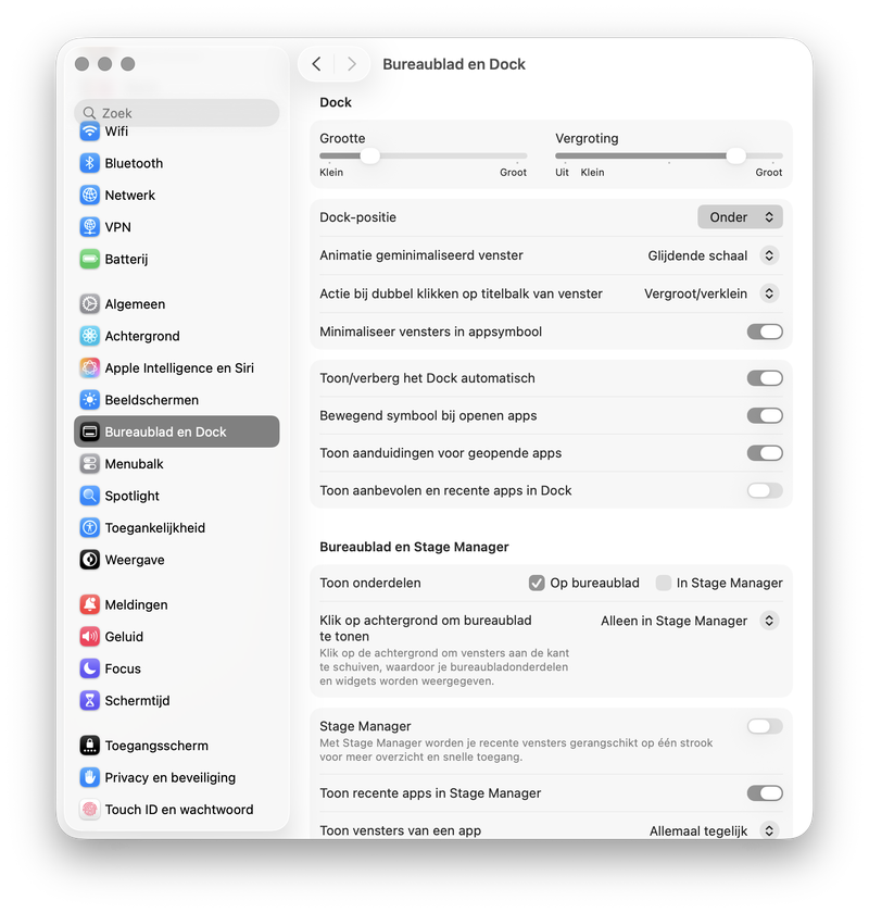 Screenshot van Systeeminstellingen Dock