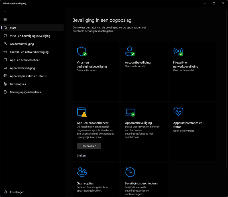 Screenshot van hoofdscherm van Windows-beveiliging
