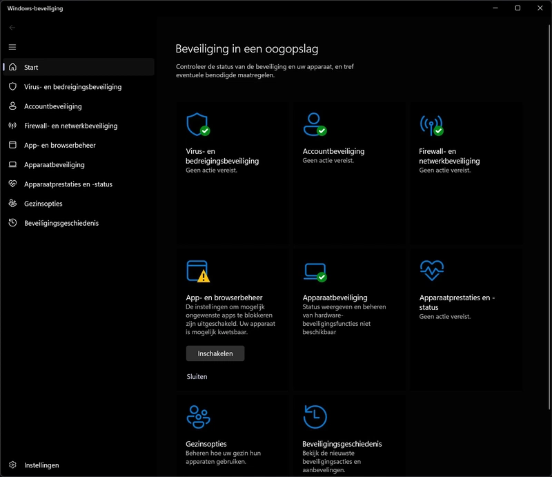 Screenshot van hoofdscherm van Windows-beveiliging