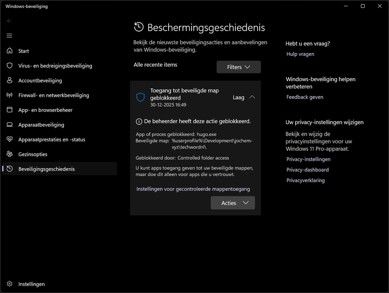 Screenshot van beschermingsgeschiedenis