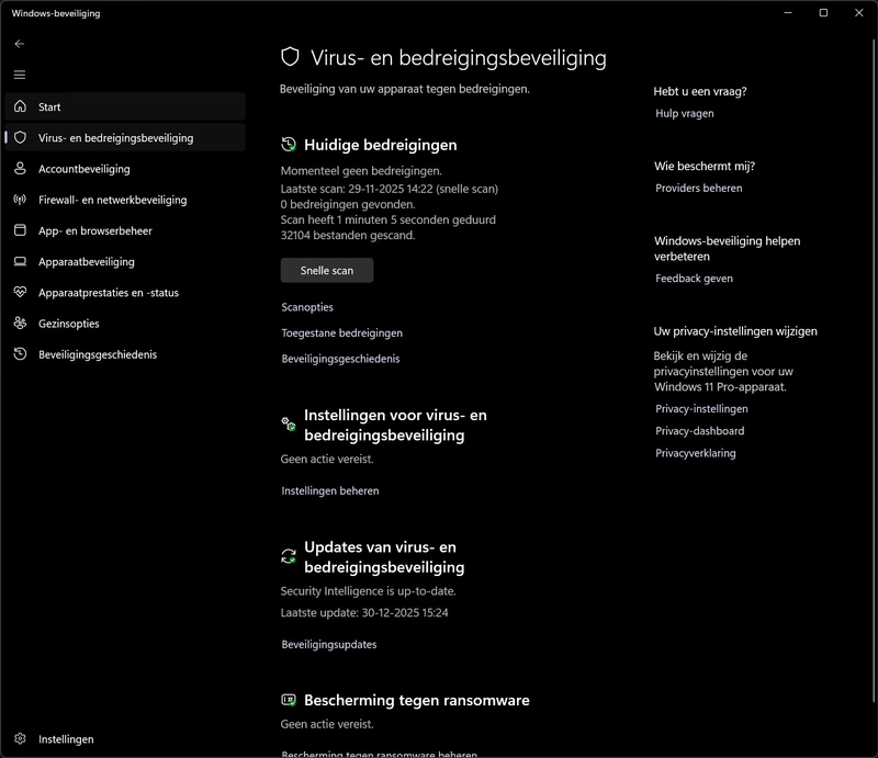 Screenshot van virus- en bedreigingsbeveiliging van Defender