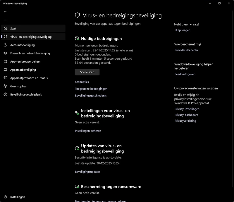 Screenshot van virus- en bedreigingsbeveiliging van Defender