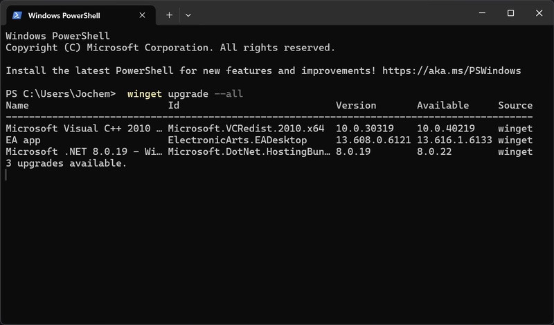 Screenshot van Windows Terminal waarin het commando winget upgrade all is uitgevoerd