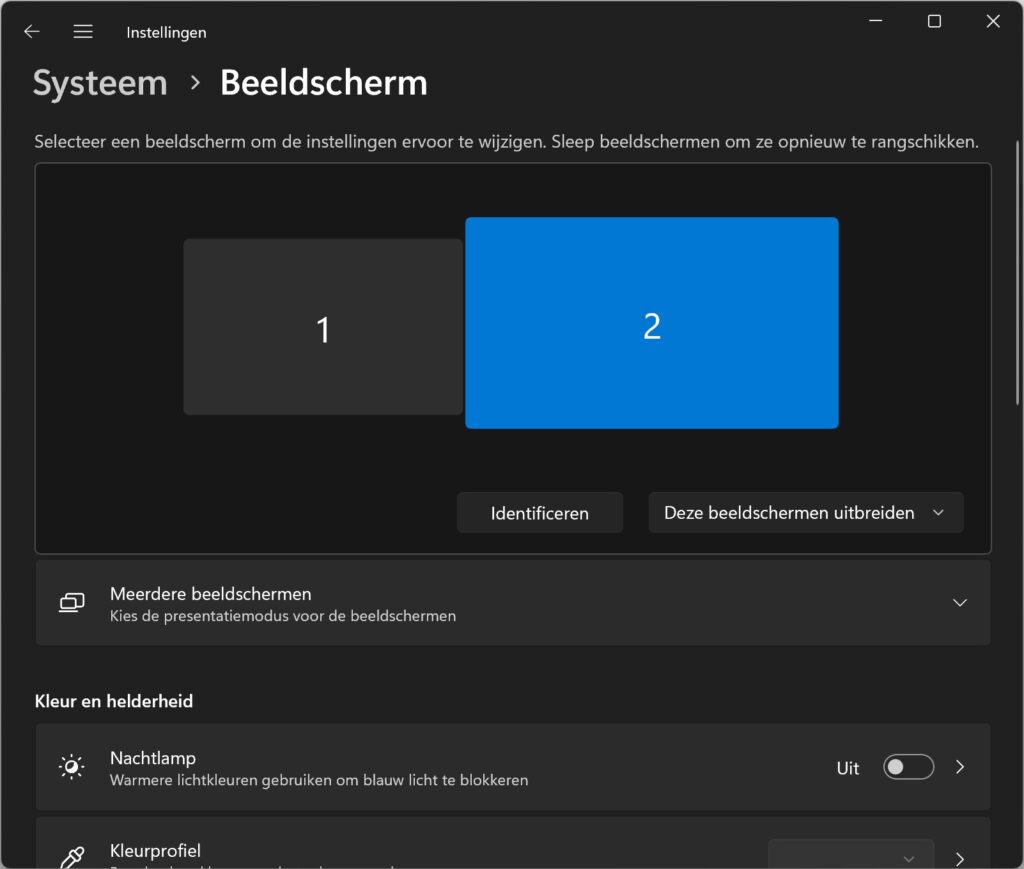 Screenshot van Beeldscherm-opties in Instellingen