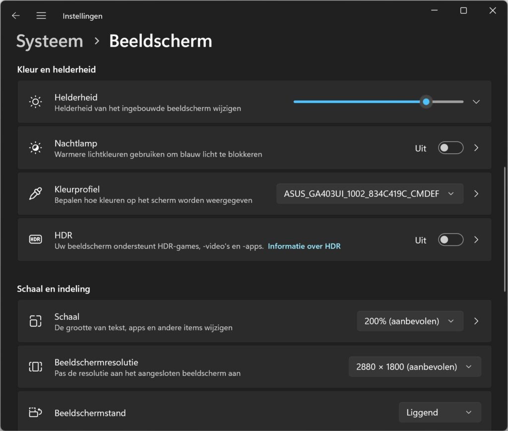 Screenshot kleur en helderheid van Windows-beeldscherminstellingen