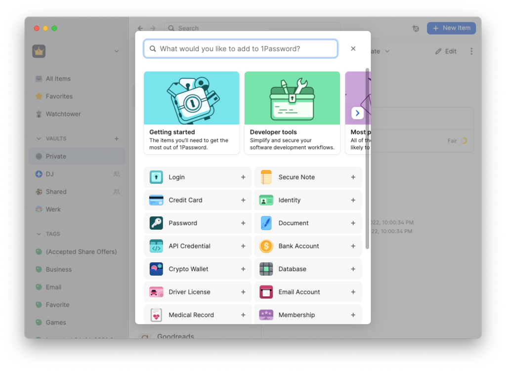 Screenshot van 1Password waarin nieuw item wordt aangemaakt