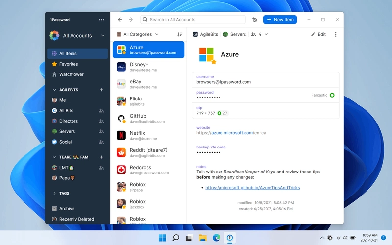 Screenshot hoofdscherm 1Password 8