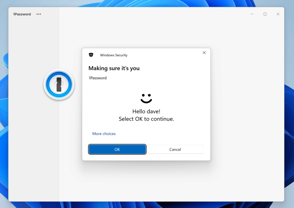 Screenshot Windows Hello 1Password 8