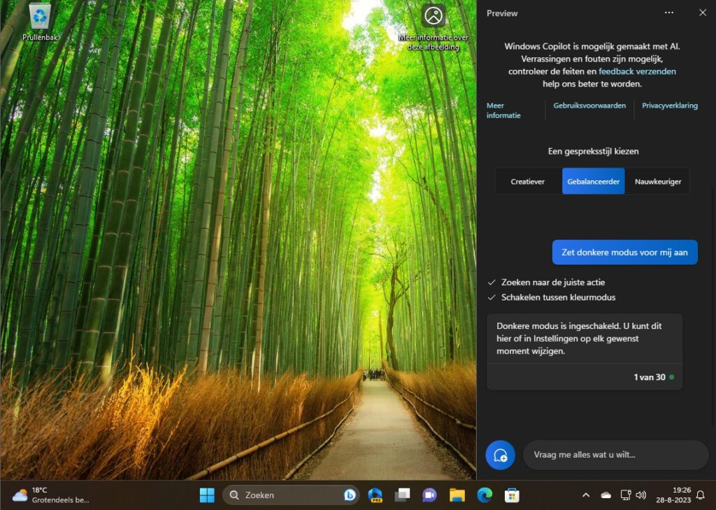 Screenshot Donkere modus aangezet in Windows Copilot.