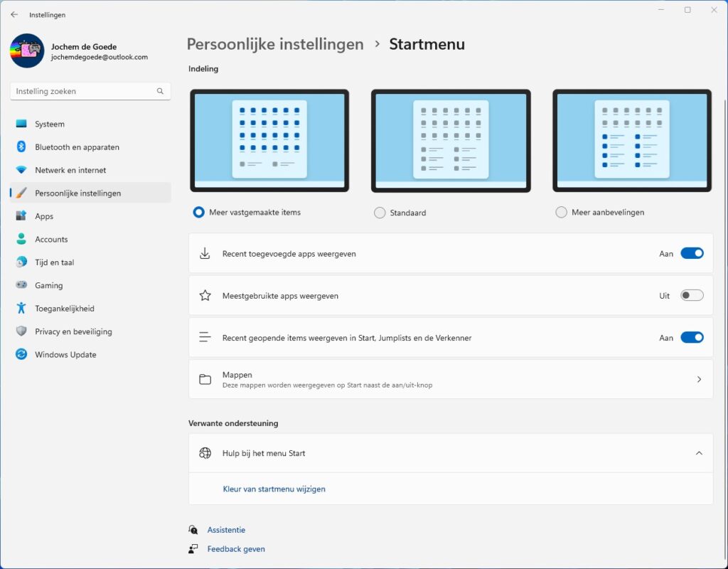 Screenshot nieuwe opties Startmenu