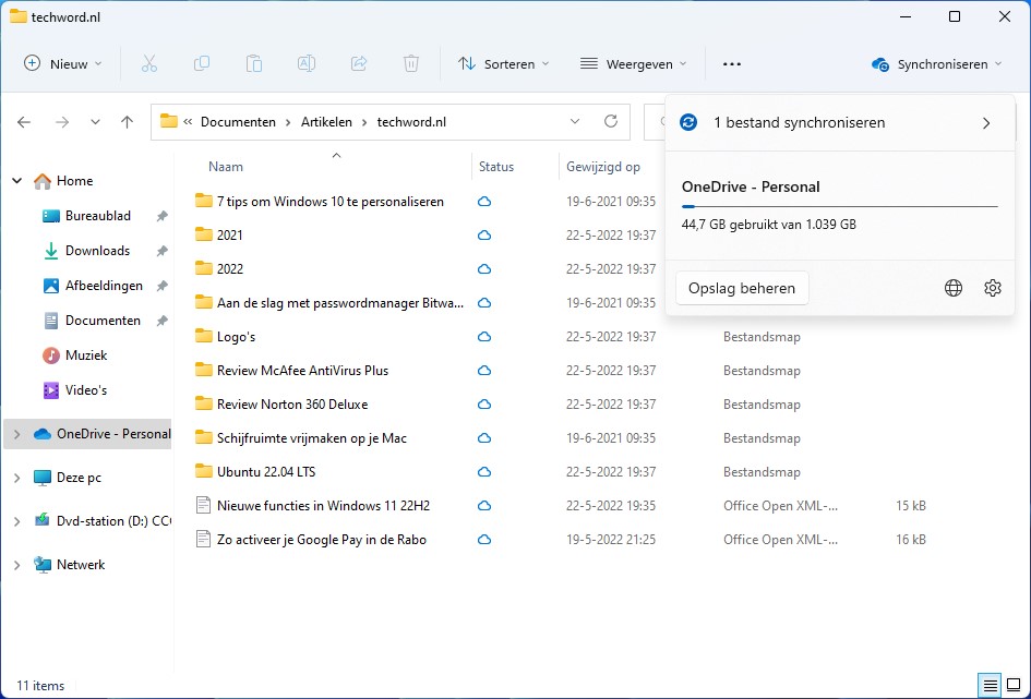 Screenshot van OneDrive-integratie in Windows Verkenner.