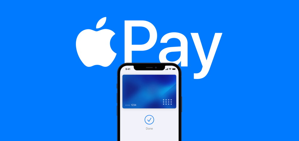 Apple Pay-logo met iPhone met Apple Pay-betaalkaart