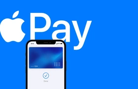 Apple Pay-logo met iPhone met Apple Pay-betaalkaart
