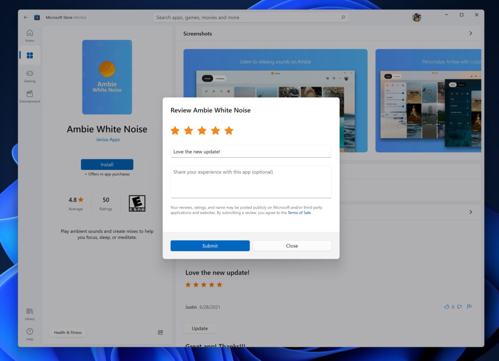 Screenshot Microsoft Store review achterlaten