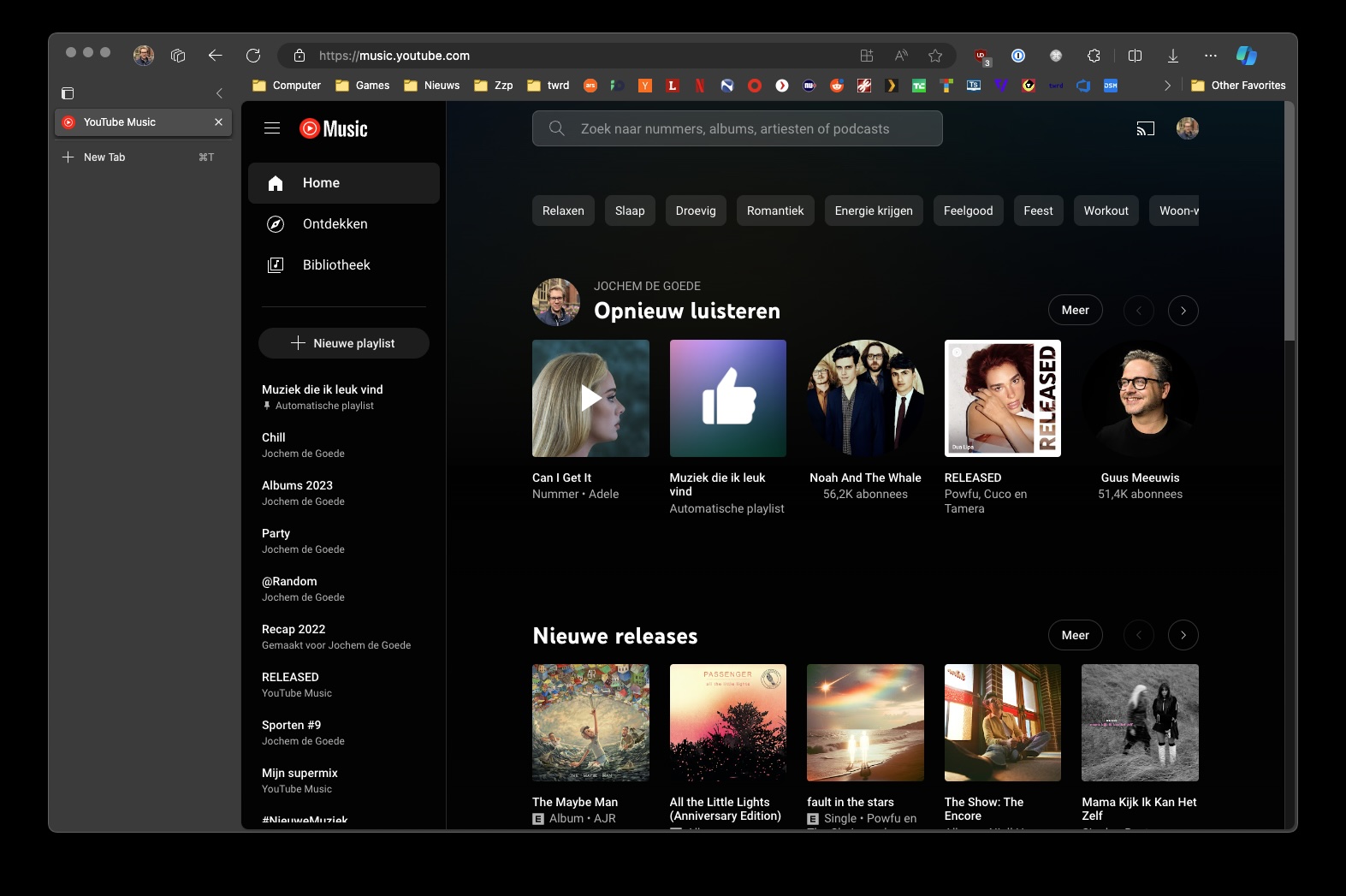 Hoofdscherm van YouTube Music