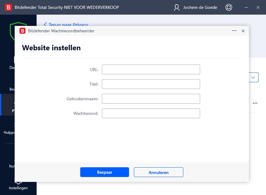 Screenshot website toevoegen aan passwordmanager Bitdefender Total Security