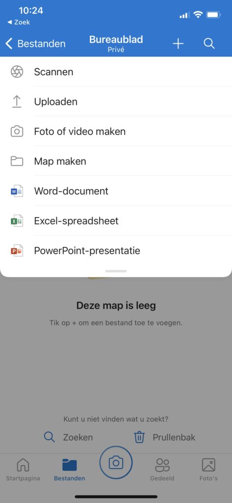 Screenshot OneDrive op iOS: bestand uploaden