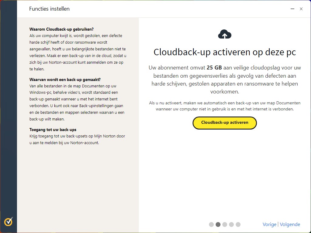 Screenshot van het opzetten van de Cloudback-up-functie.