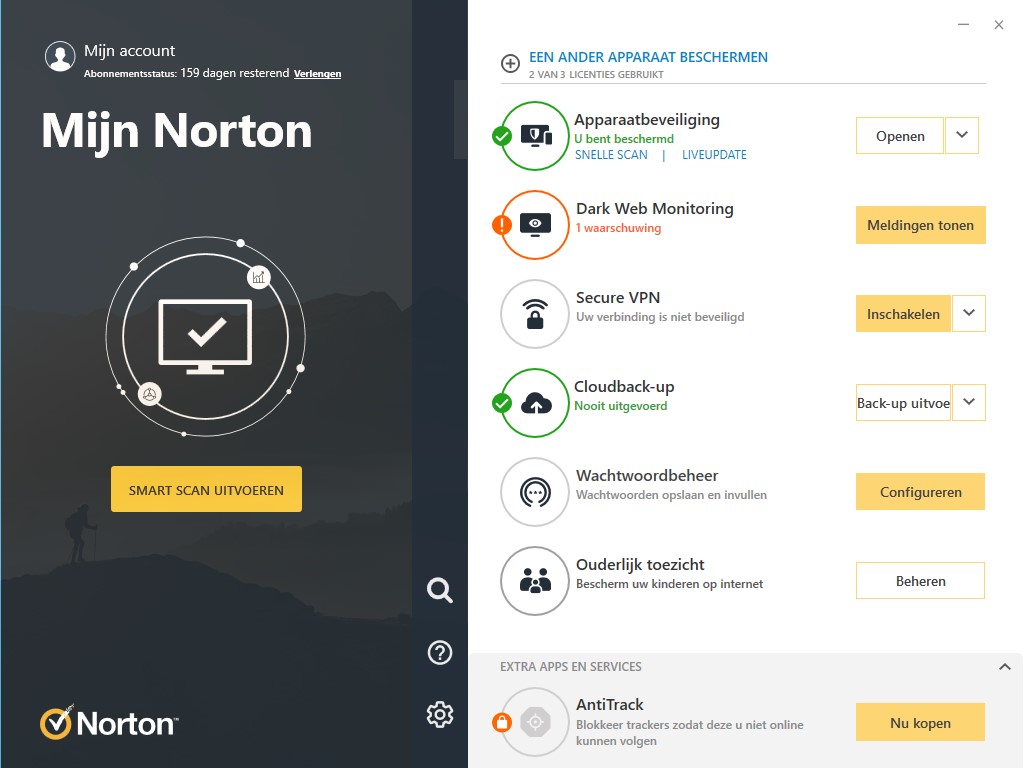 Screenshot van het hoofdscherm van Norton 360.