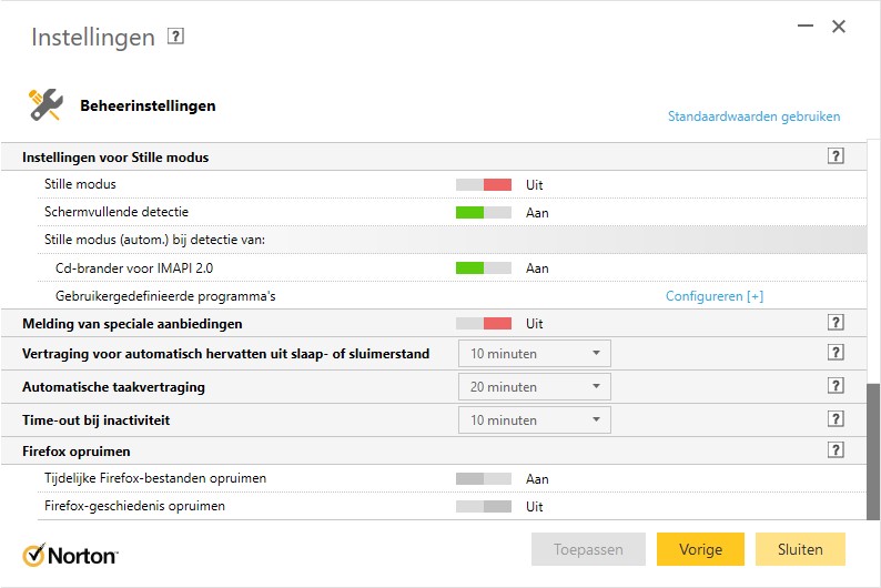 Screenshot van de instellingen van Norton.